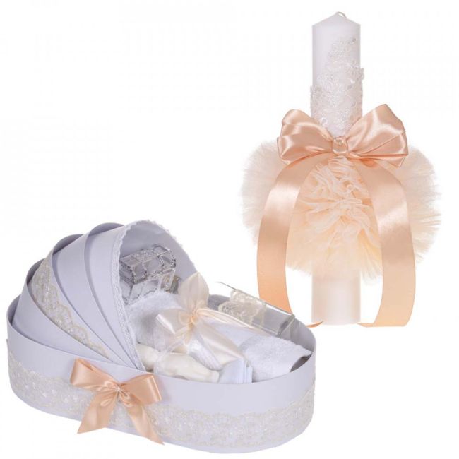 Set Trusou botez in landou si lumanare botez Unisex cu decor dantela Crem Denikos® 887 NKO5316