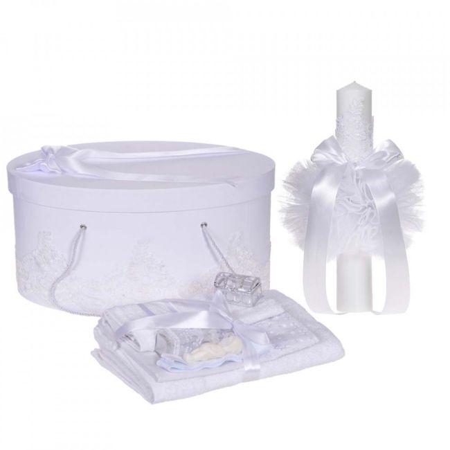Set elegant unisex trusou botez si cutie trusou Denikos® 961 cu lumanare si dantela Alba diafana NKO5390