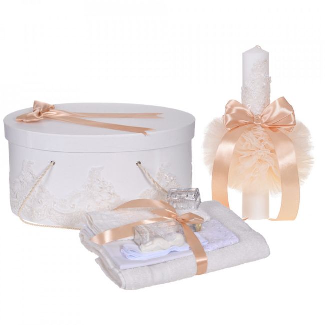 Pachet unisex elegant trusou botez, si cutie trusou cu lumanare, inclusa, dantela Crem diafana Denikos® 959 - NKO5388