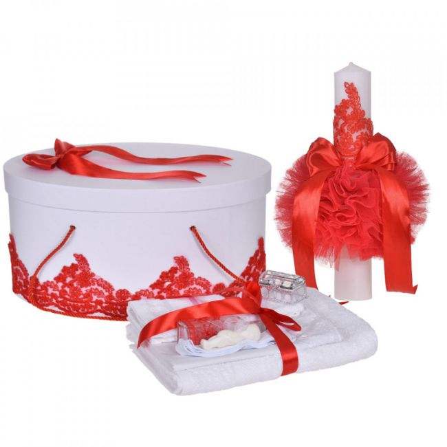 Pachet elegant trusou botez Fetita cu lumanare si cutie trusou, decor Rosu Denikos® 955 NKO5384