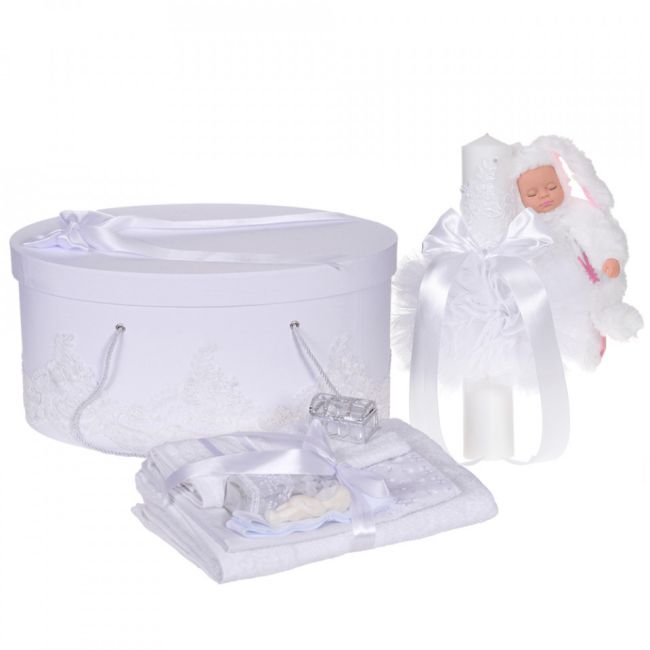 Set trusou botez elegant Unisex cu lumanare si cutie trusou decorate cu iepuras Alb si dantela Denikos® 934 - NKO5363
