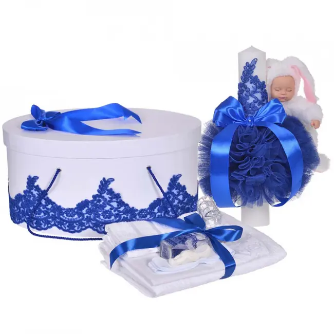 Pachet lumanare si trusou botez pentru Baietel si cutie tursou cu dantela si fundite Albastre Denikos&reg; 930 - NKO5359