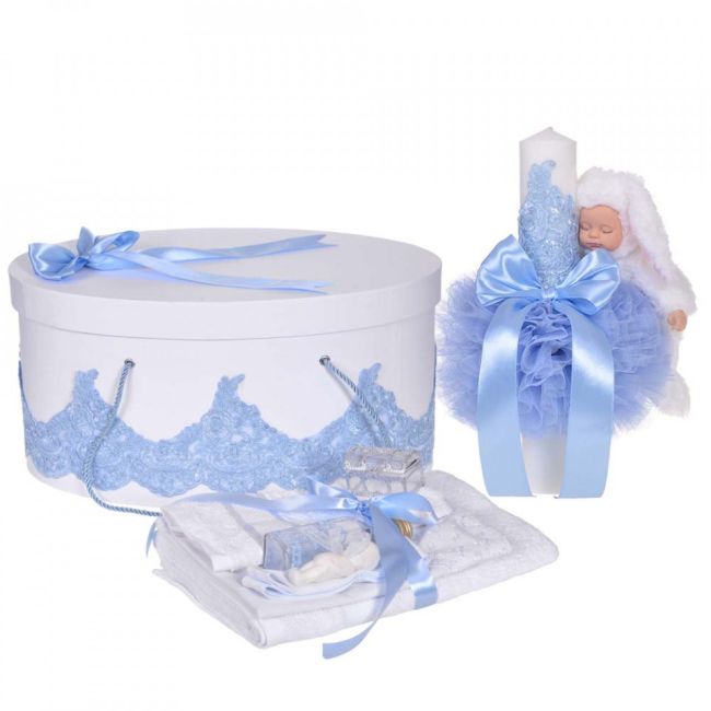Pachet trusou botez si lumanare cu iepuras pentru Baietel Denikos® 931 si cutie trusou decor Bleu - NKO5360