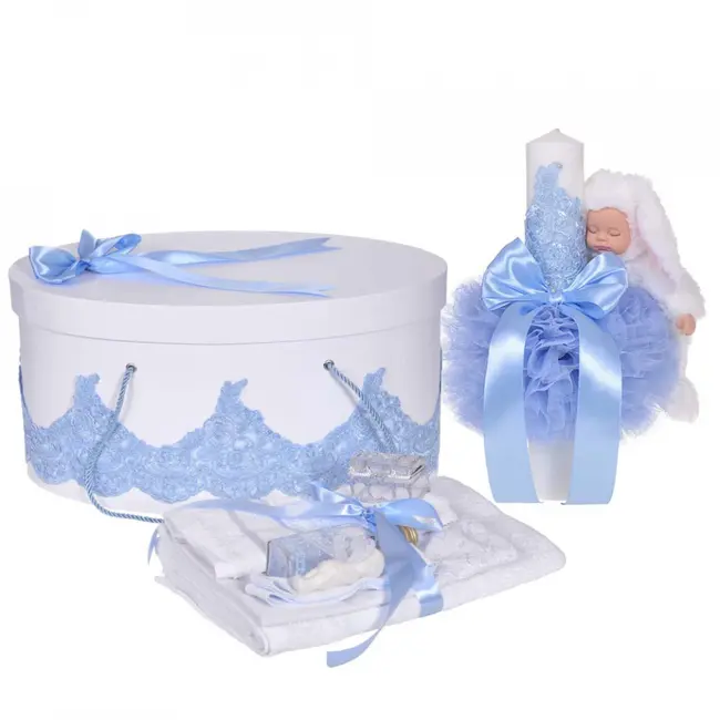 Pachet trusou botez si lumanare cu iepuras pentru Baietel Denikos&reg; 931 si cutie trusou decor Bleu - NKO5360