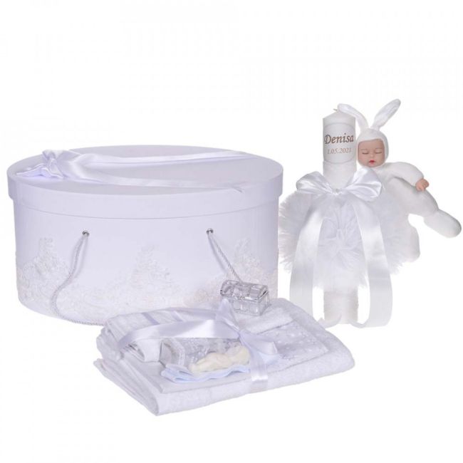 Trusou de botez plus cutie trusou si lumanare personalizata cu nume Denikos® 952 cu dantela Alba Unisex - NKO5381