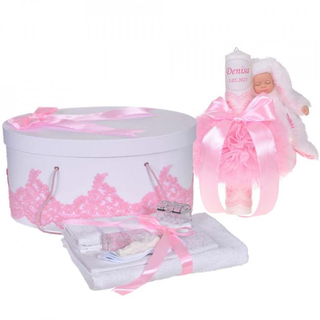 Set elegant lumanare personalizata cu nume Fata si trusou de botez Denikos® 944 si cutie trusou dantela Roz - NKO5373