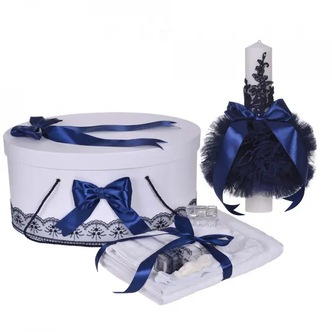 Pachet trusou botez baietel si lumanare Denikos&reg; 918 cu dantela Bleumarin  NKO5347