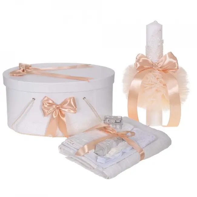 Set unisex trusou botez si cutie trusou Denikos&reg; 923 cu lumanare botez si dantela Crem  NKO5352