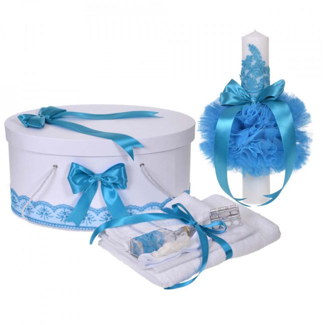 Set trusou botez si lumanare pentru Baiat Denikos® 924 si cutie trusou cu dantela Turcoaz  NKO5353