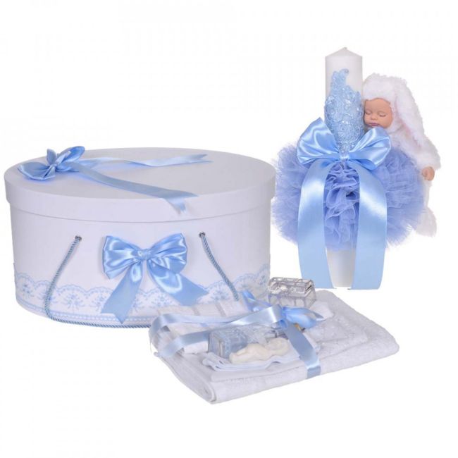 Set trusou de botez si lumanare iepuras si cutie trusou cu dantela Bleu Denikos® 895 pentru Baiat - NKO5324