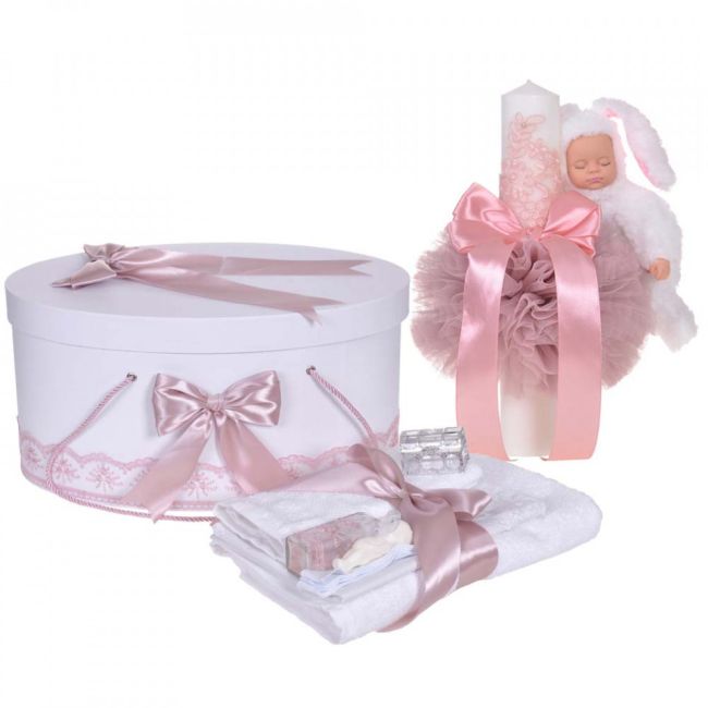 Pachet lumanare si trusou de botez cu cutie tursou iepuras si dantela Roz pentru Fetita Denikos® 893 - NKO5322