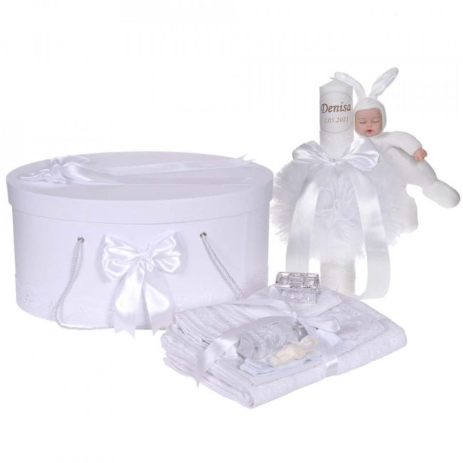 Set trusou botez Unisex, cutie trusou si lumanare personalizata cu nume copil Denikos® 916 decor alb cu iepuras - NKO5345