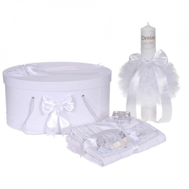 Set trusou botez unisex in cutie si lumanare personalizata cu nume copil Denikos® 907 NKO5336