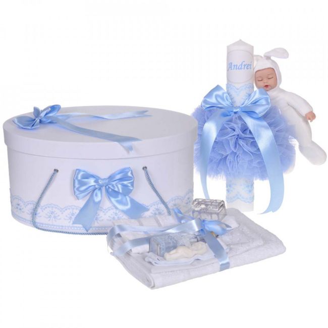 Set trusou botez cu cutie trusou si lumanare personalizata cu nume Baietel decor Bleu cu iepuras Denikos® 913 NKO5342