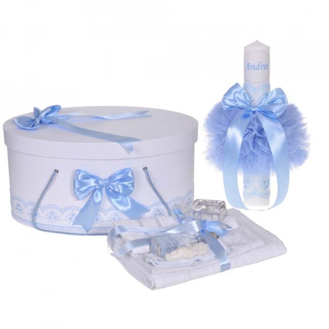 Set trusou botez cu cutie si lumanare personalizata cu nume Baiat Denikos® 904 decor Bleu NKO5333