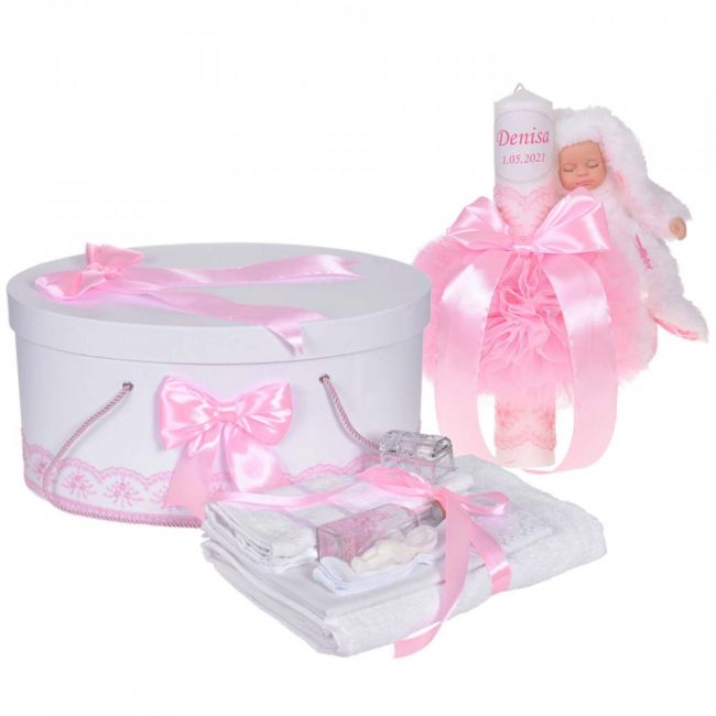 Set trusou botez si cutie trusou Denikos® 908 si lumanare personalizata cu nume Fetita - NKO5337