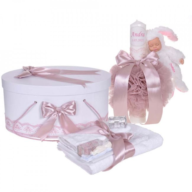 Trusou botez plus cutie trusou si lumanare personalizata cu nume Fetita decor Roz cu iepuras Denikos® 911 NKO5340