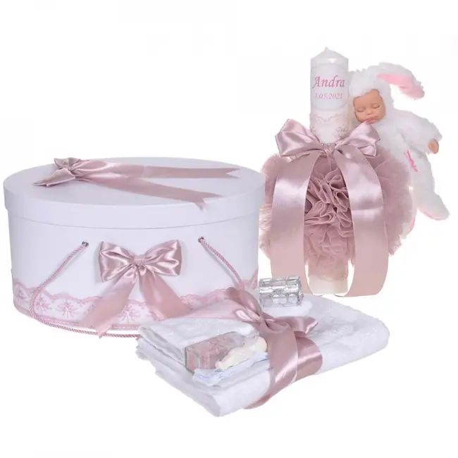 Trusou botez plus cutie trusou si lumanare personalizata cu nume Fetita decor Roz cu iepuras Denikos&reg; 911 NKO5340