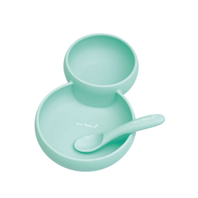 Set 2 in 1 farfurie cu bol si lingurita din silicon twin mint tna17433