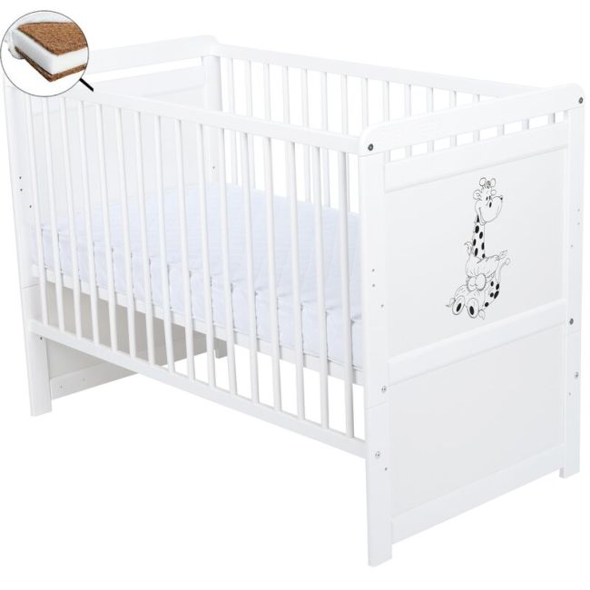 Babyneeds - Patut din lemn Nadia II Girafa 120x60 cm, multifunctional, Alb + Saltea 8 cm BYNBONAD2G8CM01AL