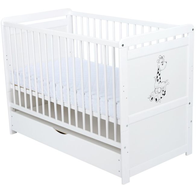 Babyneeds - Patut din lemn Nadia II Girafa 120x60 cm, multifunctional, cu sertar, Alb BYNBONAD2G02AL