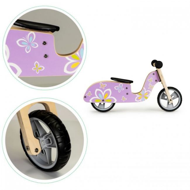 Bicicleta de echilibru din lemn cu roti eva ecotoys lc-v1330 - violet cu fluturasi edeedilc-v1330butterfly