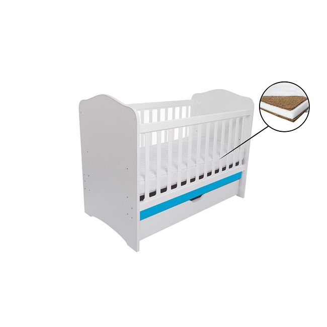Patut vessanti como cu sertar - alb cu albastru + saltea cocos confort 120 x 60 x 12 cm edep12dcs_d150