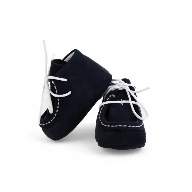 Botosei mocasini bebe din piele naturala Baby Fox Bleumarin Indigo cu siret alb uni - FOX10312-71