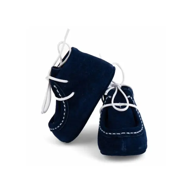 Botosei mocasini bebe din piele naturala Baby Fox Bleumarin cu siret alb uni - FOX10312-7
