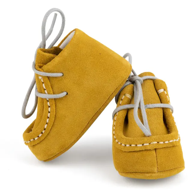 Botosei mocasini bebe din piele naturala BabyFox Galben cu siret uni - FOX1031279