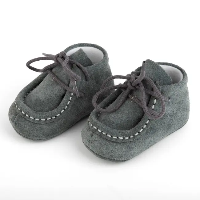 Botosei mocasini bebe din piele naturala Baby Fox Gri Deschis cu siret uni - FOX10312-71-1