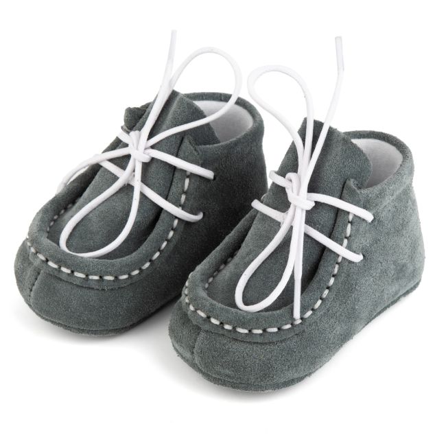 Botosei mocasini bebe din piele naturala Baby Fox Gri Deschis cu siret uni - FOX10312-71-1