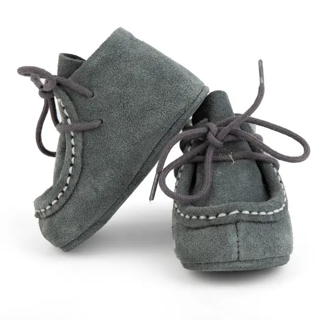 Botosei mocasini bebe din piele naturala Baby Fox Gri Deschis cu siret uni - FOX10312-71-1