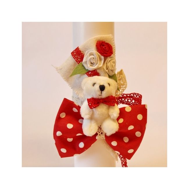 Lumanare botez cu funda rosie si buline albe pentru fetita LB100