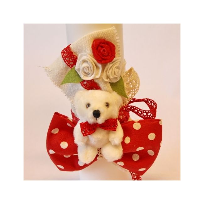 Lumanare botez cu funda rosie si buline albe pentru fetita LB100
