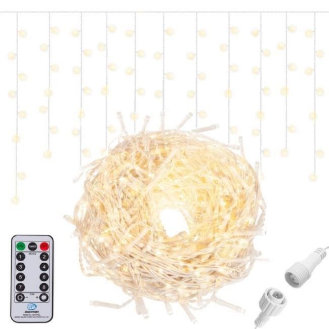 Instalatie luminoasa craciun 500 leduri cu telecomanda, 23 m, 8 functii, exterior/interior, tip perdea de turturi alb cald LVTKCL0505
