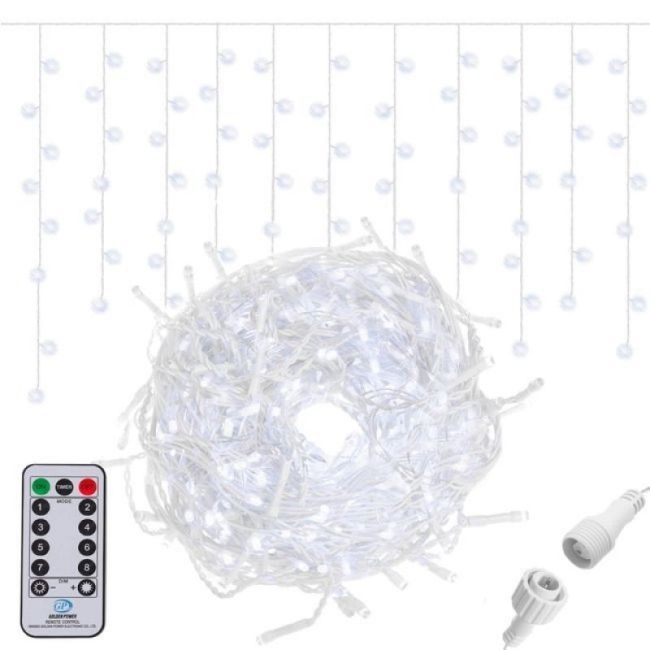Instalatie luminoasa craciun 500 leduri cu telecomanda, 23 m, 8 functii, exterior/interior, tip perdea de turturi alb rece LVTKCL0504