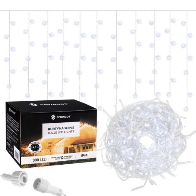 Instalatie luminoasa de craciun 300 leduri, 13 m, 8 functii, exterior/interior, tip perdea de turturi alb rece lvtkcl0300