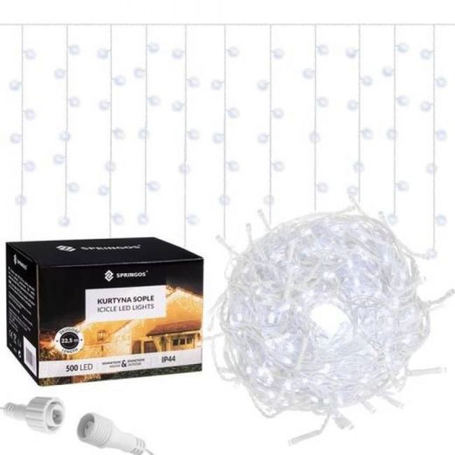 Instalatie luminoasa de craciun 500 leduri, 23 m, exterior/interior, 8 functii, tip perdea de turturi alb rece LVTKCL0500