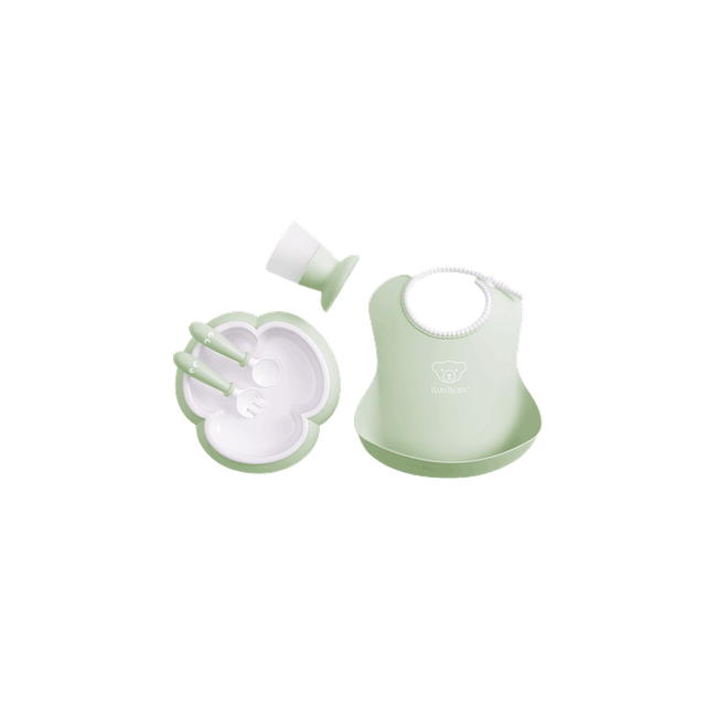 BabyBjorn - Set hranire: farfurie, lingurita, furculita, pahar si bavetica pentru bebe, Powder Green BSAFE070061A