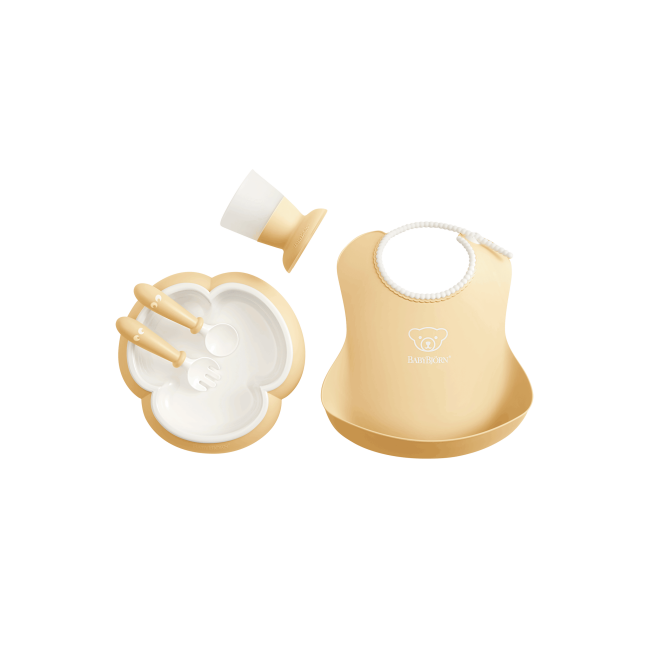 BabyBjorn - Set hranire: farfurie, lingurita, furculita, pahar si bavetica pentru bebe, Powder Yellow BSAFE070066A