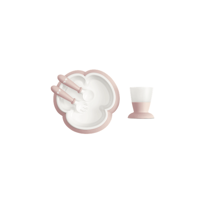 BabyBjorn - Set hranire: farfurie, lingurita, furculita si pahar pentru bebe, Powder Pink BSAFE078164A