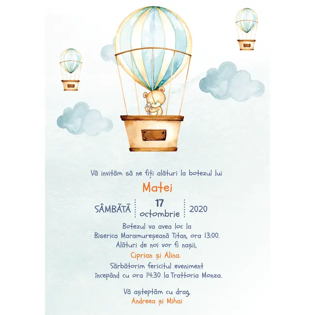 Invitatie de botez Balon de aer cald ursulet - SHYFL001