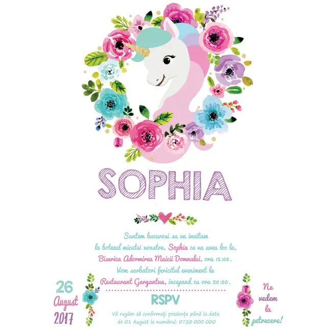 Invitatie de botez Unicorn - SHYFL006