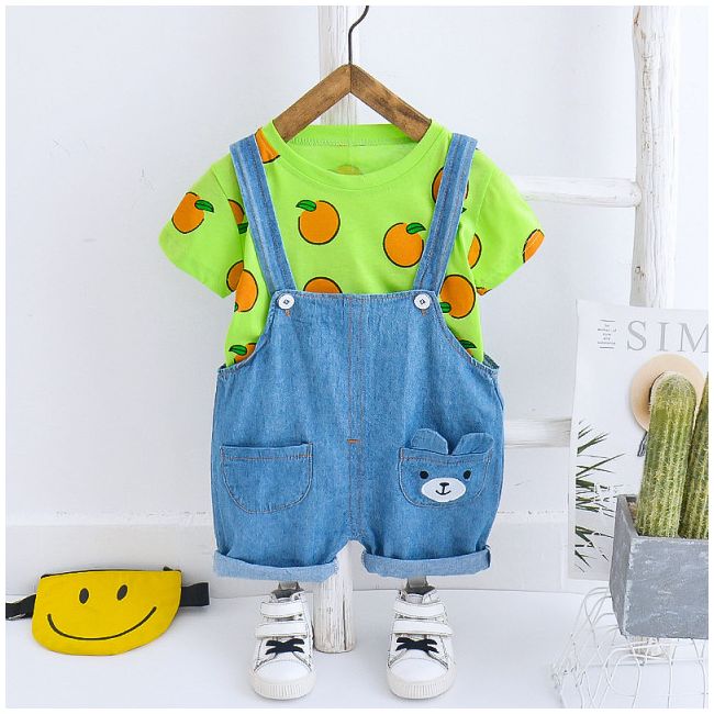 Salopeta din blugi cu tricou verde LIW-121-1.9-12 luni (Marimea 20 incaltaminte)