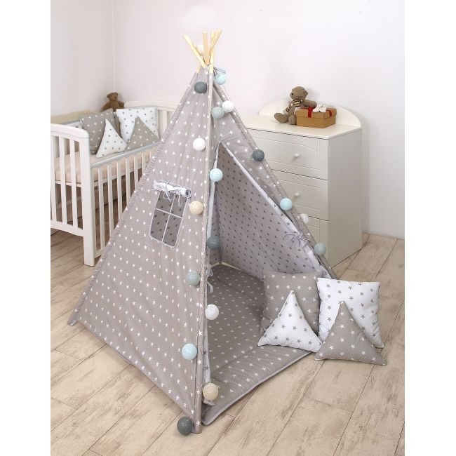 Cort De Joaca Stars Reversibil, Cu Saltea Impermeabila Inclusa, Indian Teepee Din Bumbac, Alb Gri Pjb63050