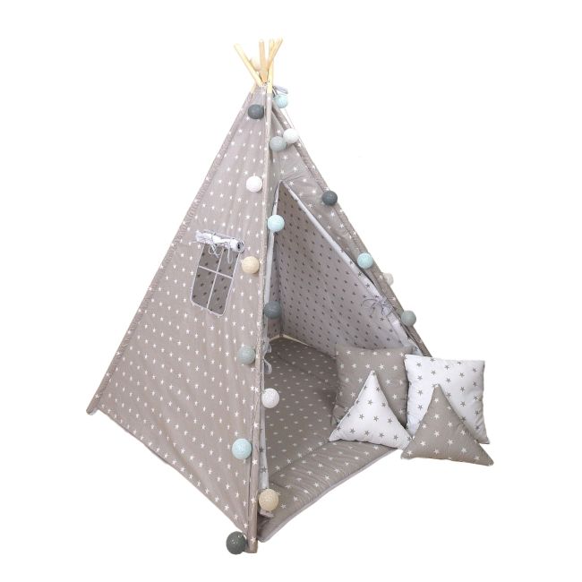 Cort De Joaca Stars Reversibil, Cu Saltea Impermeabila Inclusa, Indian Teepee Din Bumbac, Alb Gri Pjb63050