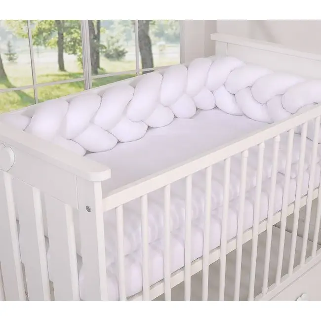 Aparatoare Laterala Pat Bumper Impletit, Cu Inchidere Velcro, Bumbac, Alb, 180x21 Cm Pjb65769