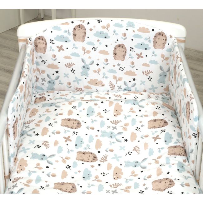 Set Lenjerie Din Bumbac Cu Protectie Laterala Pentru Pat Bebe 120 X 60 Cm, Iepuras Blue, Amy Pjb69679
