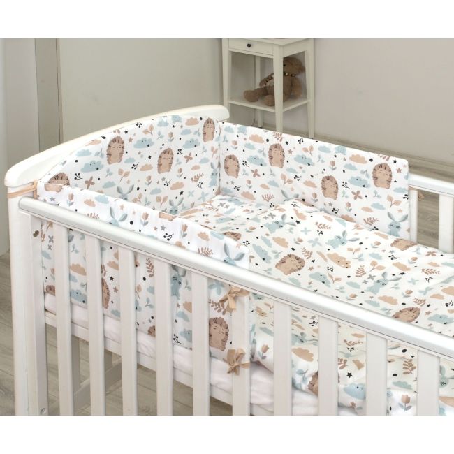 Set Lenjerie Din Bumbac Cu Protectie Laterala Pentru Pat Bebe 120 X 60 Cm, Iepuras Blue, Amy Pjb69679